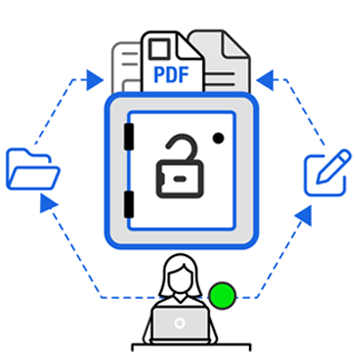 Safe, document, folder, female with laptop icon