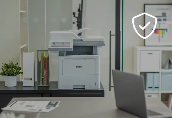 Image of a Brother printer in an office, with a security shield icon symbolising its secure features