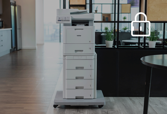 White business printer with a padlock icon, indicating secure printing, in a modern office space