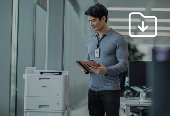 A person using Brother printer in an office environment, an icon in the top right corner of the image representing a download action