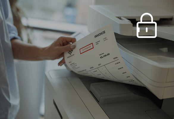 A person securely printing a confidential document on a Brother printer, with a padlock icon symbolising data protection