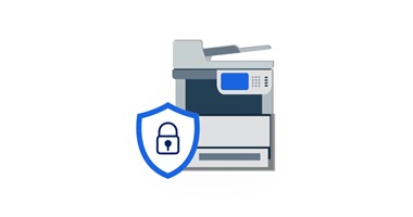 Icon of a multifunction printer with a shield and lock, representing secure printing services and features