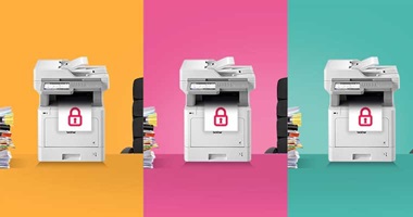 Three printers on orange, pink and teal background, document with padlock