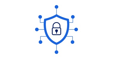 Shield with lock and connected circles, symbolising network cybersecurity